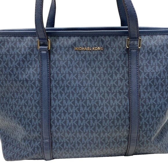 Michael Kors Handbags - Michael Kors Blue Signature Coated Canvas/Leather Trim Zip Top Tote Bag